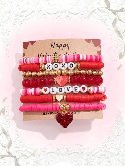 Kawaii 7pcs/Set Fashionable Sweet & Cute Heart Shaped Pendant & Beaded Alphabet Bracelet For Women Daily Wear, Valentine's Day & Friendship Gift,Mom,Mother,Mother's Day,Gift