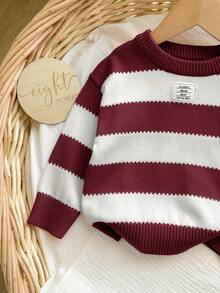 SHEIN Babygirl 休闲条纹长袖毛衣，百搭秋冬 - 酒紅色 - 查看 4