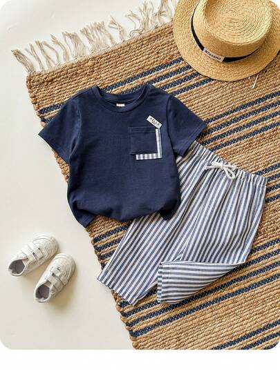Baby Boy Cute Casual Knit Patchwork Short Sleeve T-Shirt & Striped Elastic Waist Shorts Set