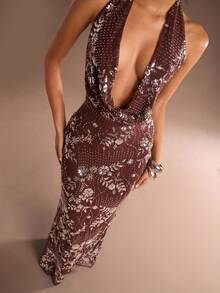 SHEIN Glamour Brown Color Sequin Sexy V Neck Backless Halter Neck Maxi Dress,Sparkly Dress,Elevated Elegance Dress,Prom Dresses,Rave Outfits Festival,Streetwear,Concert Outfit,Club Outfits,Date Night Outfits,Women Birthday Outfits,Party Dress,Brown Dress,New Year Dress,Valentine Dress,Spring Dress,Flower Fashion,Shiny Dress,Sequined Dress - Brown - View 6