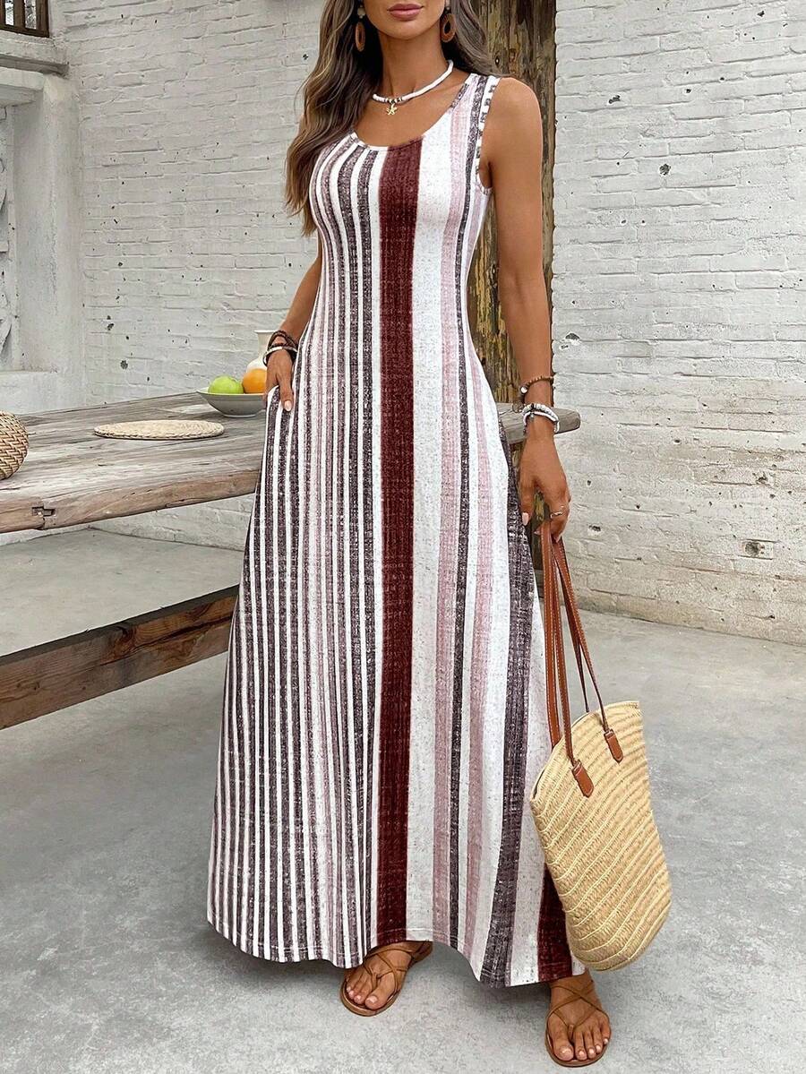 Breezaya Đầm không tay cổ tròn kẻ sọc có túi dành cho nữ - Màu nâu Mocha - Xem 1