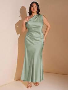 SHEIN BAE 女士性感简约纯色黄色缎面不对称单肩镂空露背系带长裙，适合派对、鸡尾酒会、正式场合、伴娘礼服、生日迷你裙 - 薄荷綠 - 查看 2