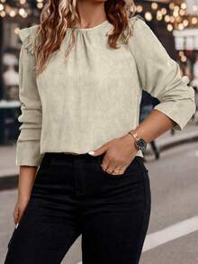 EMERY ROSE 大码女式常规荷叶边下摆长袖衬衫，秋冬款 - 杏色 - 查看 3