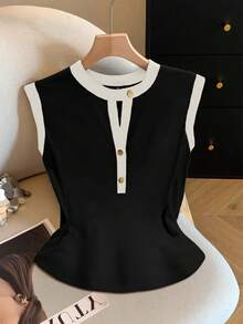 SHEIN Clasi Blusa casual de talla grande con tejido de punto y bloqueo de color - Negro - Ver 5