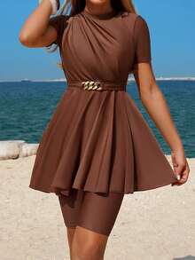 Swim Mulvari 2pcs Women's Fashionable Zip-Up Tankini Top And Shorts Swimsuit Set, Coffee Color, With Gold Chain Accent, For Spring/Summer - Coffee Brown - View 6