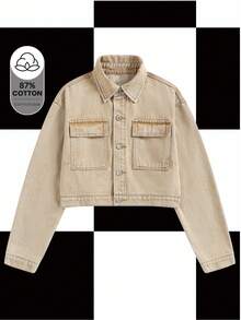 Y2Kool 女士做旧牛仔夹克外套，休闲街头风，秋冬牛仔衬衫短款牛仔夹克短款外套牛仔夹克派对外套时尚服装系列新年穿搭 - 卡其色 - 查看 1