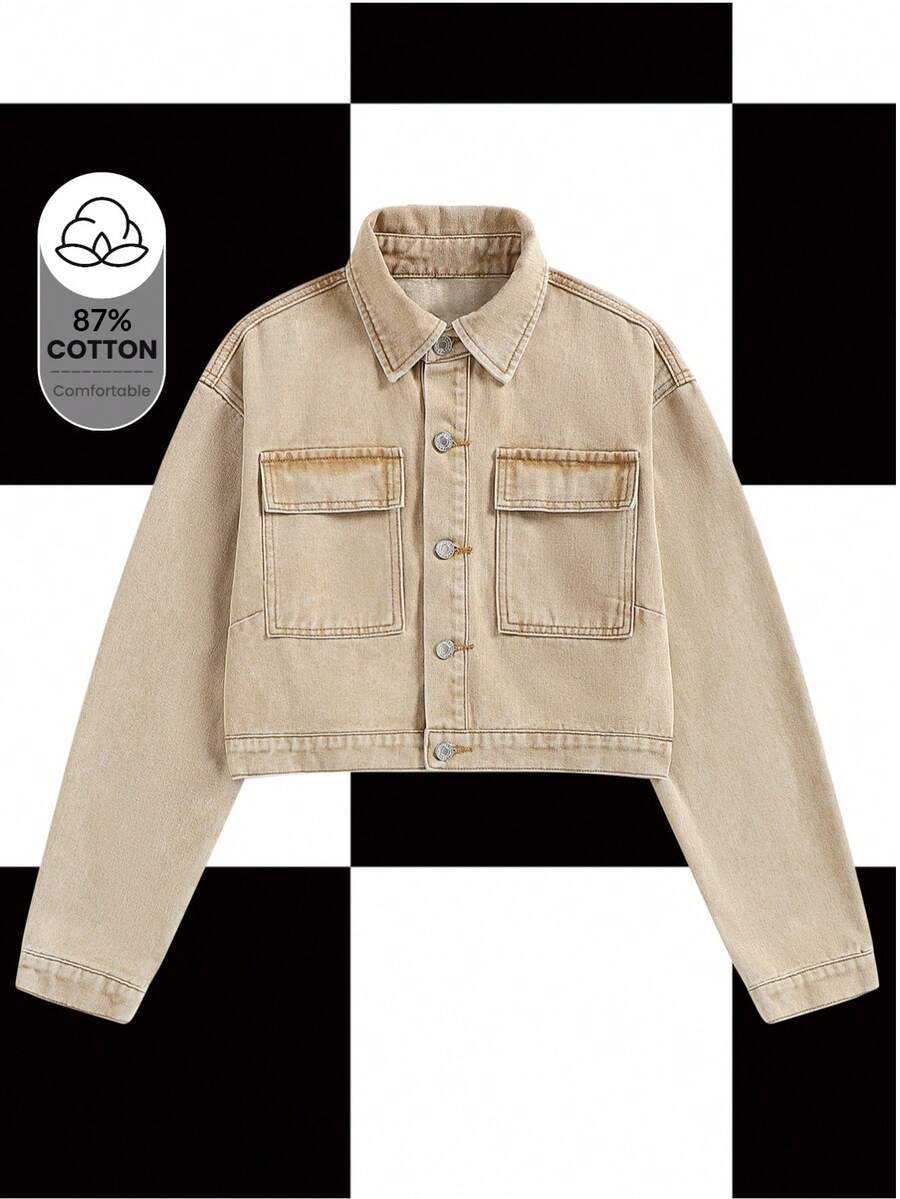 Y2Kool 女士做旧牛仔夹克外套，休闲街头风，秋冬牛仔衬衫短款牛仔夹克短款外套牛仔夹克派对外套时尚服装系列新年穿搭 - 卡其色 - 查看 1