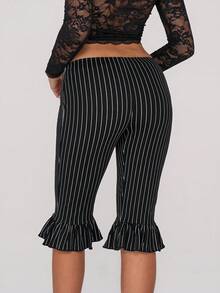 SHEIN ICON Y2k Women's Black Striped Low Waist Ruffle Hem Skinny Capri Pants,Summer - Black - View 2