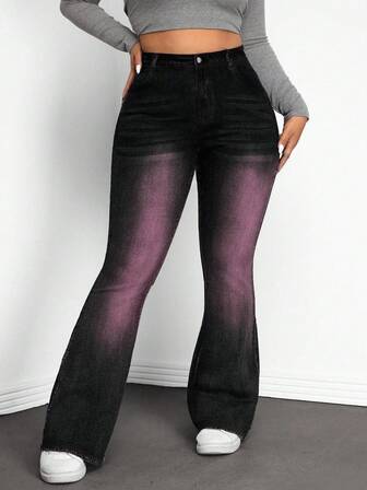 SHEIN CURVE+ Plusstorlek Dam Höga Midjade Fickor Casual Mångsidiga Flare Jeans