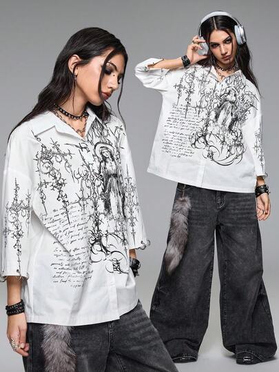 Grunge Punk Y2K Punk Cyber Symbol Ösen Dekor Locker Sitzende Damen Bluse