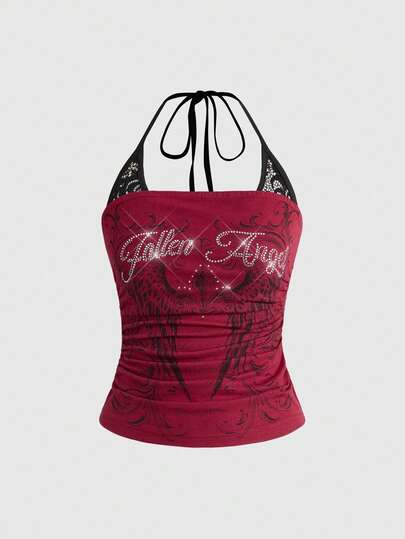 J-Fashion Top aderente in cotone con scollo alla halter, stampa scheletro in stile Y2K punk, 2 in 1 con pizzo a contrasto, outfit da concerto per donna