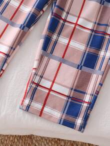 Baby Boys T-Shirt Co-Ords-Long Sleeve Tee Set Crew Neck Top And Plaid Pants Cream Teddy Bear Print Blue Pink Plaid Four Season 2026 New Year Essential Versatile And Comfortable Warm And Cute Style - Apricot - View 6