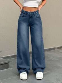SHEIN Cottnline Pantalón vaquero de corte recto con lavado de nieve y detalles de botones en la cintura baja - Neblina azul - Ver 9