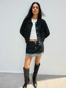 Maija 女士长袖单排扣口袋夹克和中长裙休闲牛仔两件套，都市通勤商务休闲装，优雅适合感恩节、圣诞节、新年派对，休闲时尚 - 黑色 - 查看 3