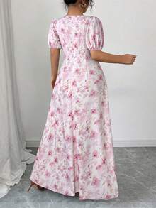 Elenzga 情人节浪漫碎花大码梭织连衣裙，荷叶边领口、泡泡袖、腰带、A字裙摆，适合情人节、度假、花园派对及其他场合。 - 粉色 - 查看 2