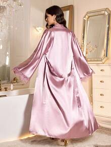 LuxeNights Bộ đồ ngủ hai dây cổ khoét sâu ren xẻ cao và áo choàng Bộ đồ ngủ satin Áo choàng satin dài Váy ngủ satin, Quần áo mùa thu và mùa đông - Màu Lilac Tím - Xem 5