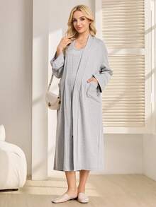SHEIN Vestido de maternidad de cuello redondo sin mangas ajustado, cárdigan de maternidad de manga larga con bolsillo y abertura frontal - Gris Claro - Ver 5