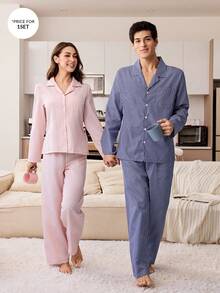 CoupledUp 男士休闲条纹印花家居服套装，冬季服装 - 藏蓝色 - 查看 9