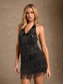 SHEIN Glamour Enchanting Black Backless Strappy Sequinned Fringe Mini Dress, Feminine Mini Skirt Attire, Captivating Party Gown, Festive Ensemble, Cocktail Party Attire, Mini Skirt Design, Alluring Ladies, Ladies' Beachwear. Dresses For Women Elegant Women Mini Dresses Short Wedding Guest Dress Formal Short Dress Short Vacation Dress - Black - View 2