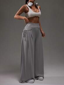 Dewbera Women's Ruched Casual Mesh Sports Pants, Spring/Autumn Wide Leg Yoga Pant Palazzo Pants Women - Grey - View 1