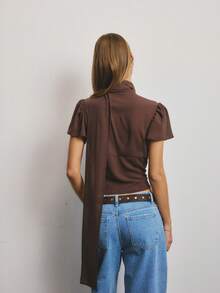 Aralina Lightweight Woven Fabric High Neck Scarf Detail Button Front Puff Sleeve Fitted Silhouette Summer Outfits For Women Going Out Tops Cute Top - Brown - View 3