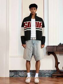 SWAVVY Cárdigan de punto casual con estampado de letras de manga larga para hombre, adecuado para otoño/invierno - Blanco y Negro - Ver 2