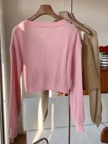 SHEIN EZwear Women Spring Daily Solid Color Long Sleeve Cardigan,Knitted Sweater In Fall/Winter - Baby Pink - View 2