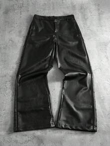 Manfinity Roghcode 男士黑色 PU 皮裤，休闲百搭时尚直筒裤，高腰裤，秋冬 - 黑色 - 查看 3