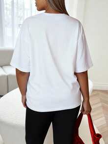 SHEIN EZwear Plus Size Women Letter & Floral Print Round Neck Short Sleeve Casual T-Shirt, Versatile For Summer - White - View 2