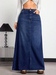 Rivivi Women's High Waist Pocketed Casual Extra Long A-Line Denim Skirt - Dark Wash - View 9