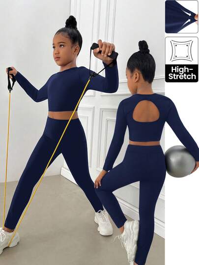 SHEIN Tween Girl Solid Color Backless Sports Set, Teenage Girls Sports Suit, Young Girls Tight Pants Set, Suitable For Daily, Outdoor, Casual Sports