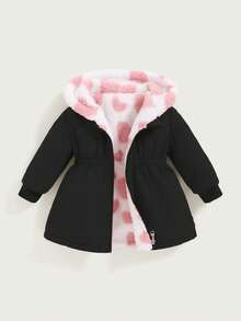 SHEIN 2 قطعة/عبوة معطف طويل مزين بالقلوب للفتيات الرضع، قابل للعكس، سميك من الفليس للخريف/الشتاء، ملابس خارجية دافئة - الأسود - مشاهدة 5