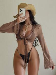 Swim SXY Women's Solid Color Bell Sleeve Twist Design Fashion Vacation Kimono - Brown - View 1