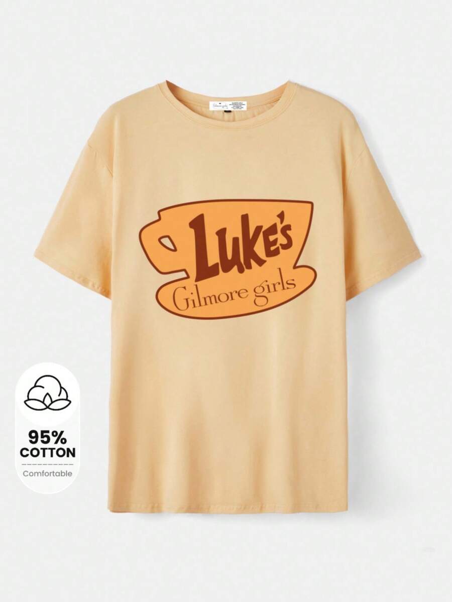 Gilmore Girls X SHEIN Camiseta de mujer con estampado de letras y cuello redondo, de manga corta, apropiada para el verano - Caqui - Ver 1