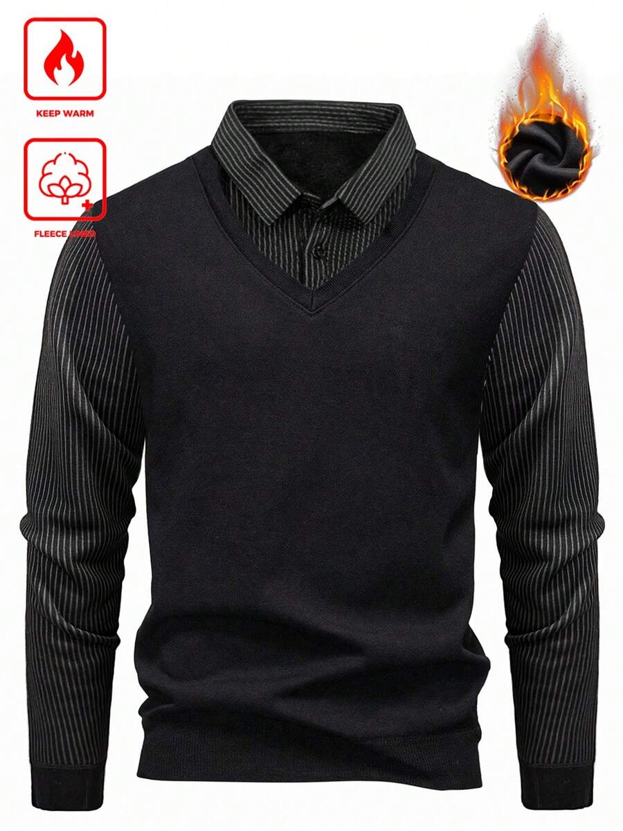 Manfinity Mode 男士保暖内衬商务休闲翻领加厚针织长袖毛衣，男士休闲翻领纯色针织拼接套头衫，带保暖内衬长袖毛衣，适合外出穿着，送给丈夫的男士拼接二合一套头毛衣，男士保暖毛衣，非常适合情侣穿着，也是送给男友或丈夫的绝佳礼物，男士V领罗纹针织毛衣，适合秋冬季穿着 - 黑色 - 查看 1