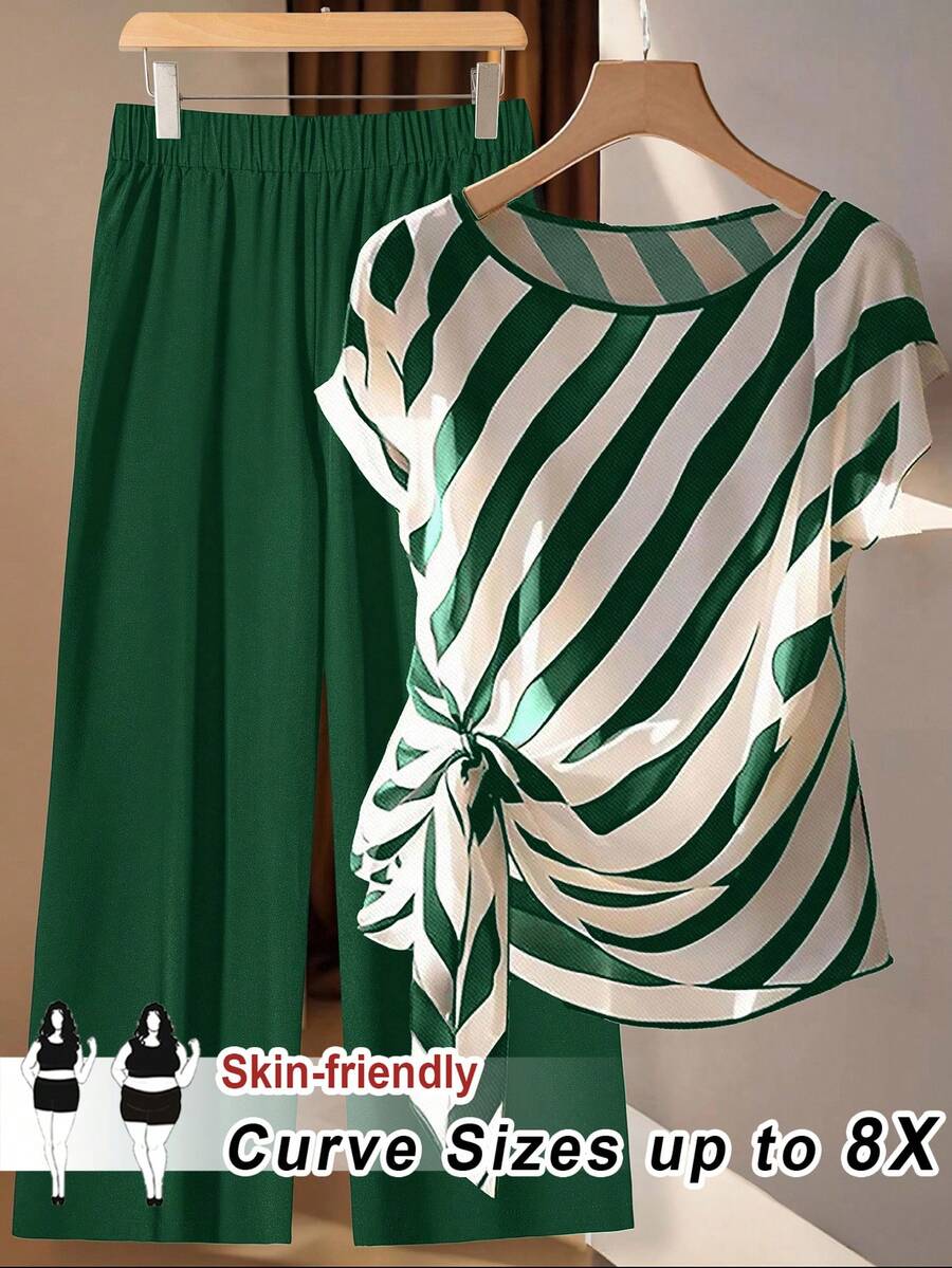 SHEIN CURVE+ 大码休闲通勤撞色条纹领带衬衫和纯色长裤两件套/2026/新年 - 綠色 - 查看 1