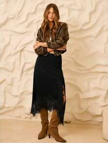 Aralina Chân váy xếp ly cao xẻ tà ren trơn màu thanh lịch dành cho nữ - màu đen - Xem 5