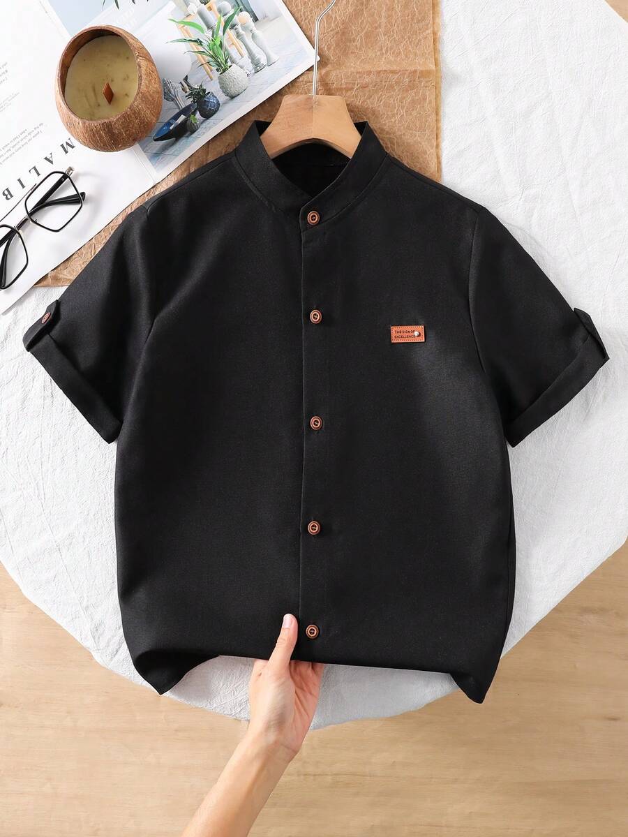 SHEIN 1 Áo sơ mi tay ngắn màu kaki trơn cổ đứng thường ngày đa năng cho bé trai tuổi vị thành niên, mùa xuân/hè - màu đen - Xem 1