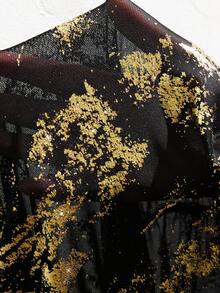 SHEIN LUNE Plus Size Black Base, Gold Printed Crew Neck Sexy Sheer Mesh Long Sleeve Top, Slim Fit Top For Casual, Date, Night Out, Club, Party, Suitable For Daily Date, Night Out, Club, Party, Cocktail Party, Sexy Date Gold Sequin Top