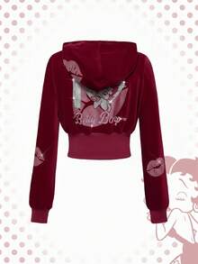 Betty Boop | ROMWE Y2K 天鹅绒卫衣和裤子字母图案水钻装饰 2 件套女款 - 酒紅色 - 查看 8