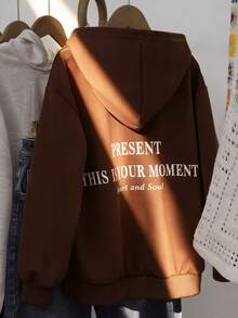 少女卫衣，棕色，长袖，罗纹袖口和下摆，背面杏色印花，时尚休闲韩版卫衣，适合秋冬季外出、度假、通勤。 - 棕色 - 查看 3