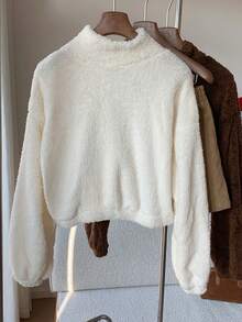 SHEIN EZwear Sudadera con bolsillo canguro, detalle de parche de letra y hombros caídos, manga larga, para otoño/invierno - Blanco - Ver 2