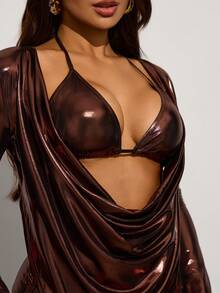 INAWLY Fashionable Sexy Plunging Neck Backless Long Sleeve Top And Drawstring Waist Skirt Set - Brown - View 6
