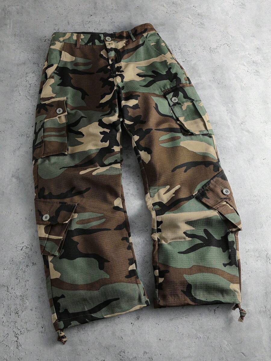 PAVTROS 男士休闲迷彩印花工装裤，外出长款直筒工装裤，适合丈夫、男朋友的礼物，适合秋季 - 軍綠色 - 查看 1