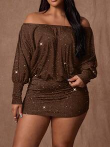 Rustia 大码女式复古浪漫性感派对魅力亮片露肩泡泡袖连衣裙，返校季必备，斜领，不对称领口，长袖，两穿，修身鸡尾酒会连衣裙 - 卡其色 - 查看 5