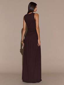 SHEIN BAE 不对称肩部无袖纯色褶皱针织长裙，性感优雅开衩长裙，秋冬款 - 咖啡棕 - 查看 2