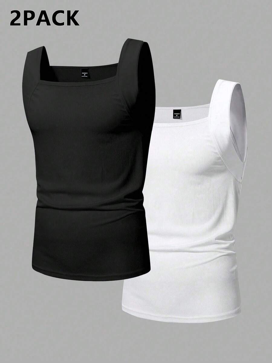 Manfinity Homme 2 Packs Men's Solid Ribbed Casual Versatile Tank Top - Black and White - View 1