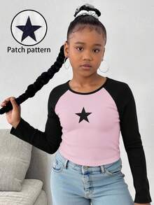 SHEIN Áo thun dệt kim gân dài tay cổ tròn in hình ngôi sao và ngôi sao năm cánh màu xanh navy và hồng cho bé gái tuổi mới lớn, phong cách retro, mùa xuân và mùa thu - Hồng - Xem 5