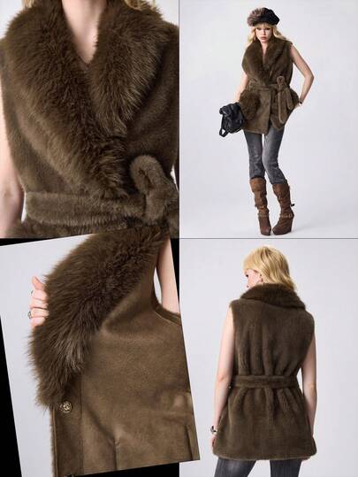 Grunge Punk Women's Solid Color Knotted Waist Fashionable Sleeveless Faux Fur Jacket, Autumn/Winter