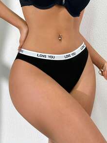 EasyFave Calcinha fio dental feminina sem costura com estampa de letras em jacquard, 1 unidade, preta. - Preto - Ver 4